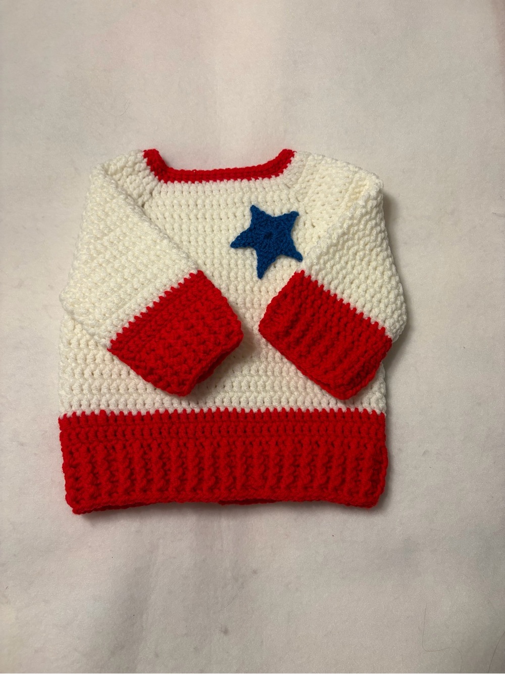Handmade New Crochet Infant Pullover Sweater 12 Months Red White Blue Star